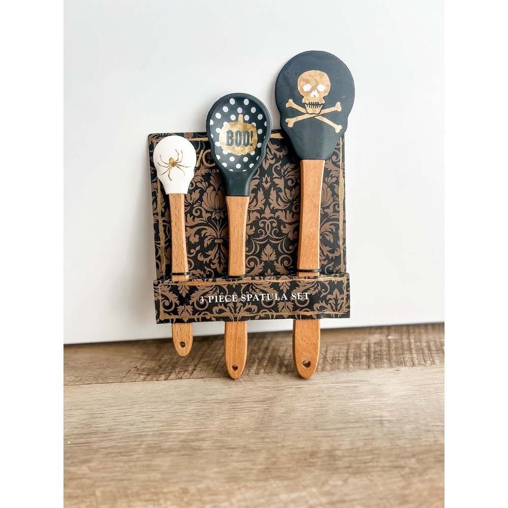 Cook With Color Halloween Spatula Set Silicone Wood Skull Pumpkin Boo Black Gold